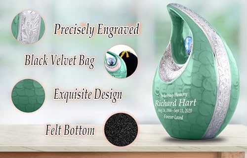 Personalized Photo & Text Green Teardrop Cremation Urns for Adult Ashes Male Female - 156 Lbs Burial Urns for Human Ashes - Handcrafted Funeral Decorative Urn for Adult with Velvet Bag - size: 156 Lbs Adult Urn