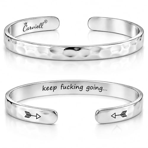 Bracelets for Women – 100+ Meaningful Engraved Messages – Solid 316L Surgical Stainless Steel Cuff Bracelet – Gift Ready - color: BADASS GIFT - Keep f##king going
