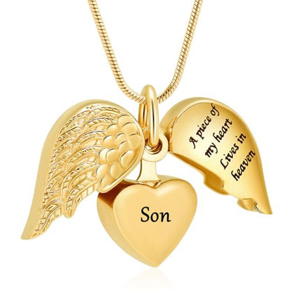 Cremation Jewelry Heart Urn Necklace for Human Ashes for Women Men A Piece of My Heart Lives in Heaven Memorial Ashes Keepsake Pendant - color: Gold-Son