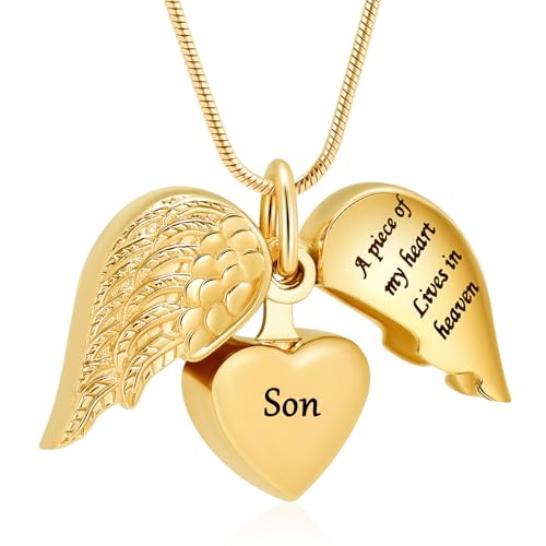 Cremation Jewelry Heart Urn Necklace for Human Ashes for Women Men A Piece of My Heart Lives in Heaven Memorial Ashes Keepsake Pendant - color: Gold-Son