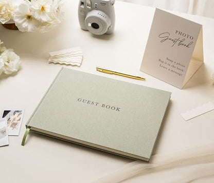 Real Linen Guest Book Set - 11.5 x 8.5 Embossed Guestbook for Weddings, Showers, Events, Blank & Lined, Comes with Sign, Pen, Box and Photo Sleeves, 120 Pages (Leaf) - color: Leaf