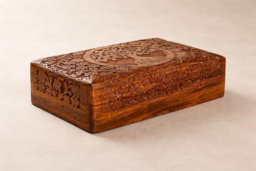 India House-Hand Engraved TREE OF LIFE Wooden Box Keepsake Jewelry Organizer &Storage (Design 13) - color: Design 13