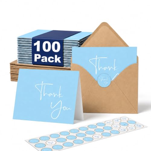 XXINMOH 100 Pack Thank You Cards With Envelopes Bulk Set & Stickers - 4x6 inch Blank Thank You Notes Bulk Box Set - Large Note Card Small Business, Wedding, Baby Shower & Bridal Shower - Light Blue