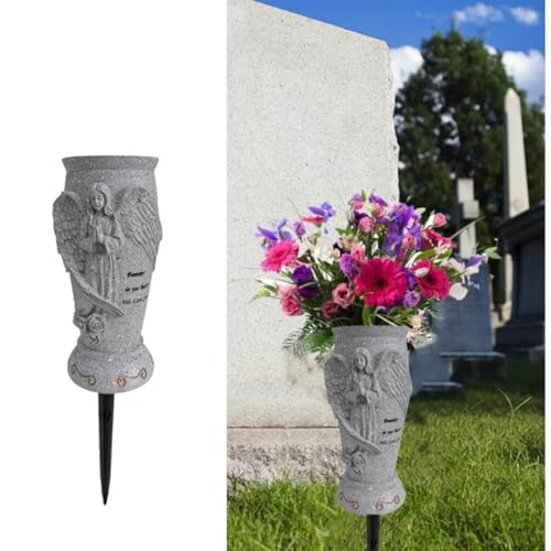 Cemetery Grave Vase for Artificial Flower: Angel Vases with Ground Spikes-Grave Flowers Holder for Cemetery Headstone (Grey)