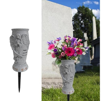 Cemetery Grave Vase for Artificial Flower: Angel Vases with Ground Spikes-Grave Flowers Holder for Cemetery Headstone (Grey)