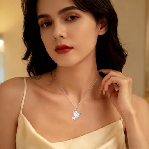 Dove/Hummingbird/Red Cardinal/Dragonfly/Butterfly Necklace 925 Sterling Silver Turquoise/Opal/MoonStone/Crystal/Malachite Bird Necklace Dove Pendant Jewelry for Women Men - color: Dove White Opal