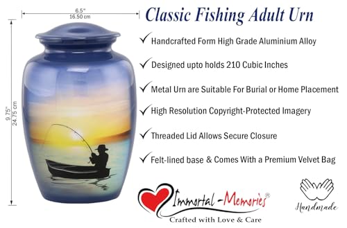 Fishing Urn - Full Size Gone Fishing Cremation Urn - Adult Urns for Men and Women – Fisherman Funeral and Memorial Urns for Human Ashes Upto 210 Lbs with Velvet Bag (Large)