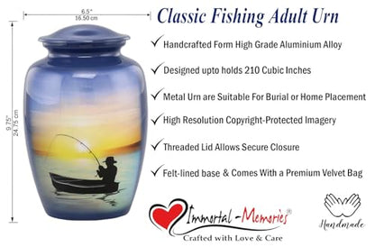 Fishing Urn - Full Size Gone Fishing Cremation Urn - Adult Urns for Men and Women – Fisherman Funeral and Memorial Urns for Human Ashes Upto 210 Lbs with Velvet Bag (Large)