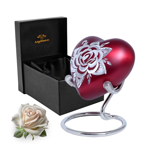 Rose Heart Keepsake Urn for Human Ashes Floral Mini Memorial Urn with Stand & Velvet Gift Box (Red) - color: Red