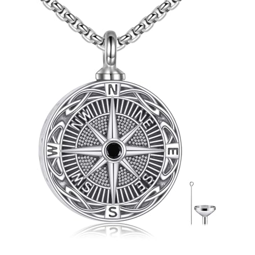 Cremation Urn Necklace for Ashes 925 Sterling Silver Moon Phase/Tree of Life/Hummingbird/Moss Agate/Opal/Compass/Mountain/Butterfly/Turquoise/Sunflower/Dragonfly/Cross Pendant Necklace Cremation Memorial Keepsake Urn Jewelry for Women Men - style: Compass