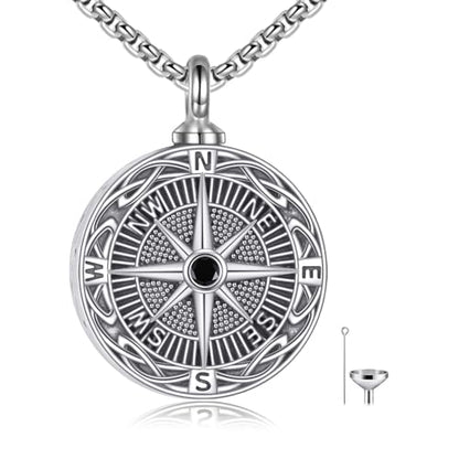 Cremation Urn Necklace for Ashes 925 Sterling Silver Moon Phase/Tree of Life/Hummingbird/Moss Agate/Opal/Compass/Mountain/Butterfly/Turquoise/Sunflower/Dragonfly/Cross Pendant Necklace Cremation Memorial Keepsake Urn Jewelry for Women Men - style: Compass