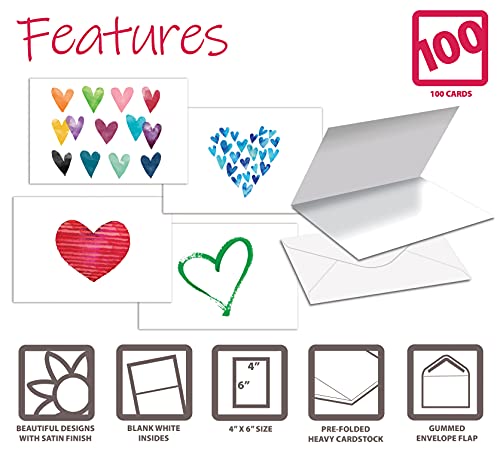 Better Office Products 100-Pack All Occasion Greeting Cards, Assorted Blank Note Cards, 4 x 6 inch, 6 Contemporary Heart Designs, Blank Inside, with Envelopes, 100 Pack - size: 4" x 6"