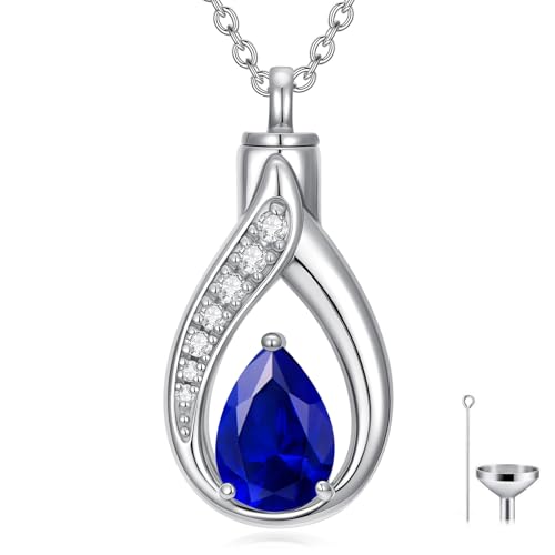Teardrop Urn Necklace for Ashes Birthstone Keepsake Pendant Cremation Jewelry for Ashes Memorial Jewelry Gifts for Loss of a Loved One for Women - style: Sep-Sapphire