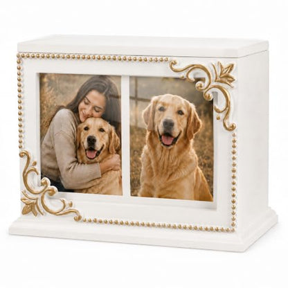 Rococo Acanthus Relief White & Gold Wood Pet Urn, Dogs & Cats Memorial Gift
