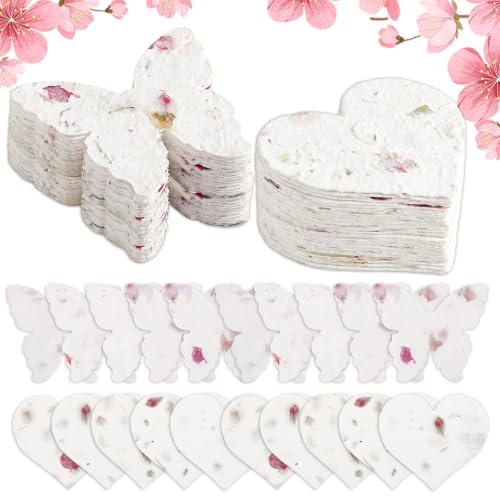 100 PCS Handmade Flower Papers for Wedding Guests Favors, Heart Butterfly Recycled Wildflower Cards, Writable Wrap Gifts Tags for Envelope DIY Craft Birthday Funeral Baby Shower Party Decorations