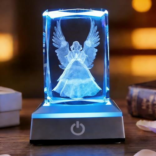 3D Laser Crystal Guardian Angel Figurines with Night Light Stand Base - 3D Engraving Crystal Guardian Angel Light Gift - color: Angel