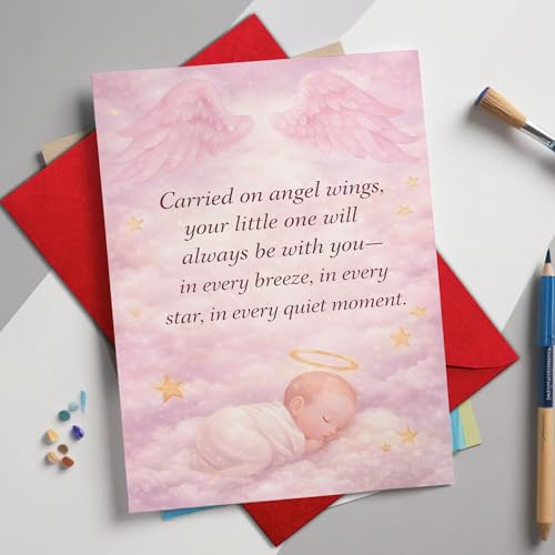 Baby Loss Sympathy Card, “Carried on Angel Wings Your Little One ” | Infant Loss Condolence Card, Miscarriage Remembrance Card Folded with Envelope - color: Baby Girl Angel Wings