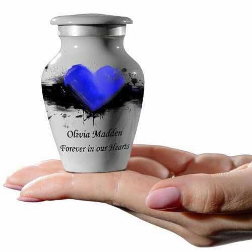 Custom Mini Urn with Blue Heart – Personalized Text – Small Gray Keepsake Urn for Human Ashes – Memorial Cremation Urn with Velvet Pouch, Gift Box & Funnel – Made in USA - color: Customized Blue, size: Small
