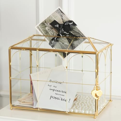 Glass Card Box with Slot, 10.2 inch Large Gold Clear Card Box for Wedding Receptions, Decorative Storage Box with Lock for Baby Shower, Birthday Party, Bridal Shower - color: 10.2'' with arch
