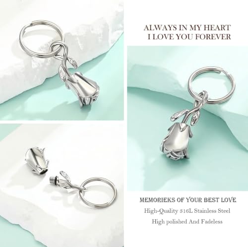 zeqingjw Urn Keychain Cremation Jewelry for Ashes Rose Flower Memorial Keychain Funeral Keepsake Ashes Pendant Gift - color: Silver