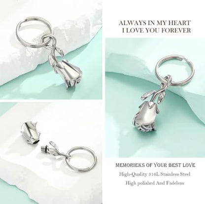 zeqingjw Urn Keychain Cremation Jewelry for Ashes Rose Flower Memorial Keychain Funeral Keepsake Ashes Pendant Gift - color: Silver