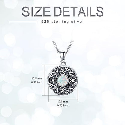 Round Locket Necklace 925 Sterling Silver Filigree/Flower Locket Necklace That Holds Pictures Birthday Christmas Jewelry Gifts for Women - color: 04-White Opal Locket