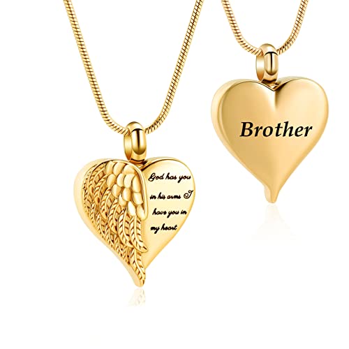 Angel Wing Heart Urn Necklace for Ashes Cremation Jewelry for Women Men Stainless Steel Memorial Necklaces Ash Holder for Human Keepsake Jewelry for Loved Ones with Fill Tool - color: Gold-Brother