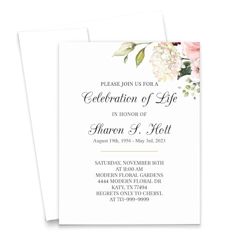 Personalized Funeral Reception Invitations With Envelopes, FLAT Custom Memorial Service Invitation Card With Name, Floral Celebration of Life Invites Cards, Your Choice of Quantity and Envelope Color - color: Pink Floral
