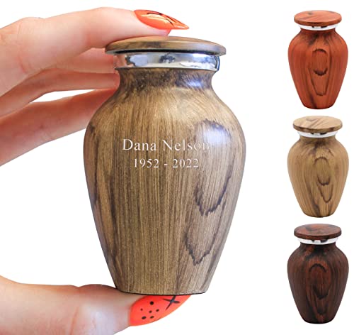 Personalized Oak Wood Finish Keepsake Cremation Urn for Ashes - Aluminum Urn with Painted Oak Wood Finish - 3 Cubic Inch Capacity [2.5 tablespoons of cremains] - for The Sharing of Ashes - color: Oak - Personalized