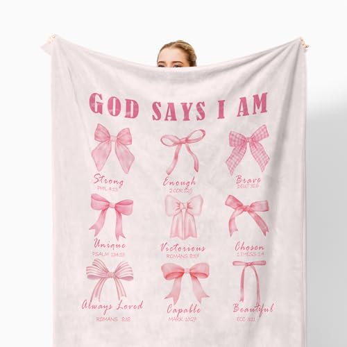 Coquette Pink Bow Christian Throw Blanket for Couch, Christian Gifts for Women Girls, God Says I Am Bible Verse Throw Blanket for Girls Bedroom Living Room Home Decoration, 50x60 Inches - color: Color_13
