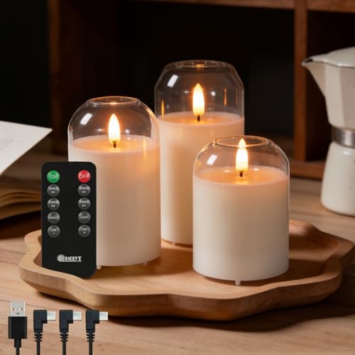 LEDHOLYT Rechargeable Glass Jar Flameless Candles, Realistic Flickering LED Pillar Real Wax Candle with Remote Control and Timer, Ideal for Living Room, Bedroom & Festival Home Décor, 1 Set of 3 - color: White Pumpkin