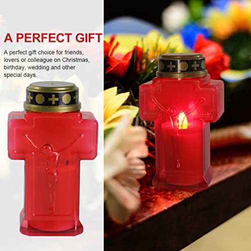 Uonlytech 2pcs Cross Candle Light, Red Flickering Flameless Candles Reusable Church Graveyard Led Candles Grave Decorations for Remembrance - size: 15.3x6.8cm