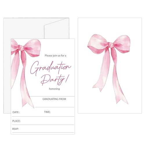 DETIHO Graduation Party Invitations 2026, Pink Bow Graduate Celebration | Invites with Envelopes | 20 Pack Grad Announcement Cards - G06 - style: Pink Bow