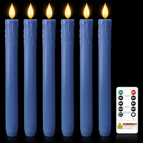 Homemory 6 Pcs Real Wax Blue Flameless Taper Candles with Remote Timer, 9.6 Inches LED Fake Candlesticks, LED Candle with 3D Flickering Flame for Romantic Wedding, Dinner, Xmas Anniversary Decor - color: Blue, size: 9.6 inch