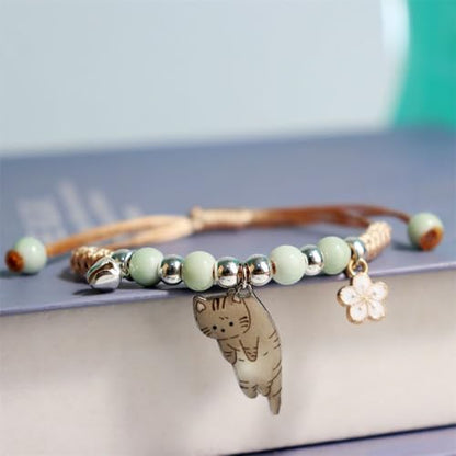 POYAMUSE Lovely Cat and Flower Strand Bracelet - Colorful Beads, Adjustable for Women - color: Ginger green