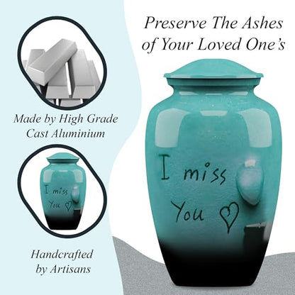Forever URNS Adult Cremation Funeral Urn with Printed I Miss You Theme for Human Ashes of Female & Male | 200 cu in | Large | Sea Green | Completely Handcrafted with Velvet Protection Bag