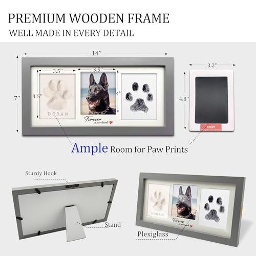 MYPAWLETS Paw Print Frame Kit,Dog/Cat Paw Print Keepsake,Grey | Soft Clay & Clean Touch Ink Pad,Paw Print Impression Kit with Customization Tool,Pet Memorial Wooden Frame,DIY Dog Lover Gift - color: Grey