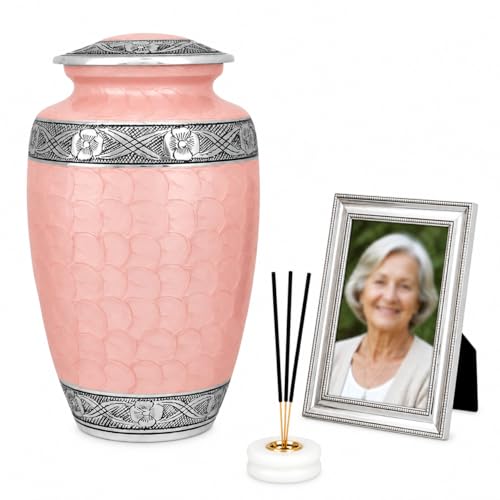 Pink Silver Cremation Urn, Floral Engraved | Handcrafted metal, silver floral engraving, screw-top lid, adult ashes capacity, 6.5 in wide - color: Pink Silver, size: Antique Silver Floral - 6.5x11"
