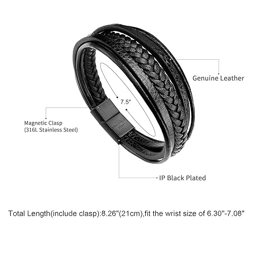 Mens Leather Bracelet with Clasp Cowhide Multi-Layer Braided Leather Mens Bracelet - style: black leather&black clasp&7.5