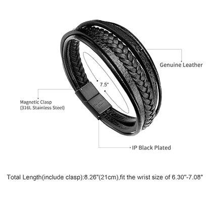 Mens Leather Bracelet with Clasp Cowhide Multi-Layer Braided Leather Mens Bracelet - style: black leather&black clasp&7.5