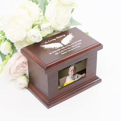 5.5 Inch Small Wooden Memorial Urn with Photo Frame, Keepsake Urn Box for Human/Pet Ashes - Wing - size: 5.5 Inches - Wing