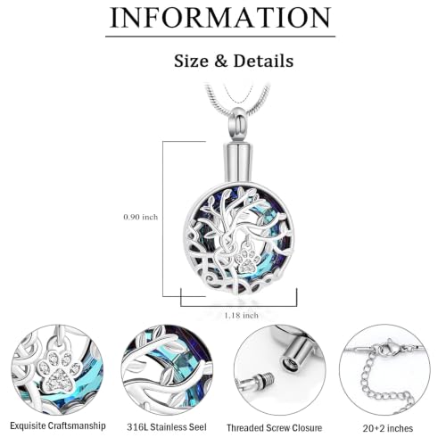 zeqingjw Pet Cremation Jewelry Tree of Life Urn Necklace for Ashes for Dog/Cat Funeral Ashes Keepsake Paw Print Urn Pendant Memorial Jewellery - color: Silver-Blue