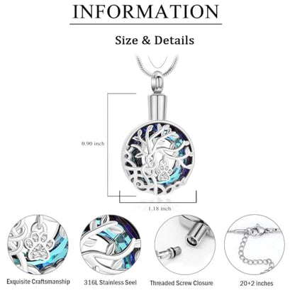 zeqingjw Pet Cremation Jewelry Tree of Life Urn Necklace for Ashes for Dog/Cat Funeral Ashes Keepsake Paw Print Urn Pendant Memorial Jewellery - color: Silver-Blue