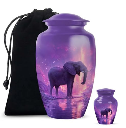 Elephant Cremation Urn for Ashes, Purple Keepsake Urn 10 Inch & 3 Inch - color: Elephant-2, size: combo-1