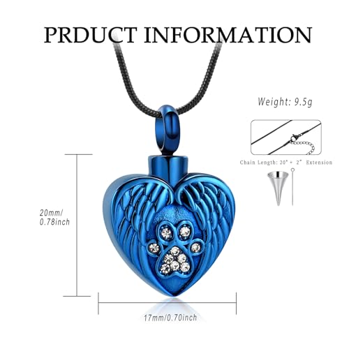 Heart Paw Print Urn Necklace for Ashes for Pet Stainless Steel Pendant - color: Bule