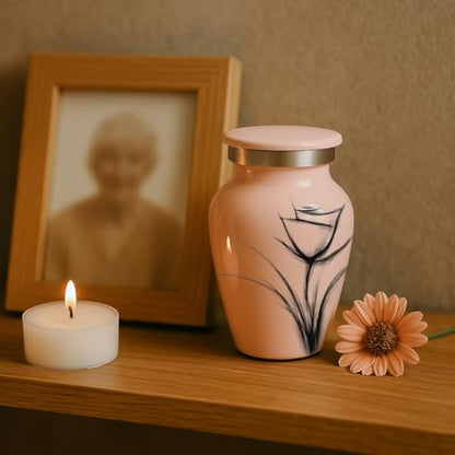 Custom Pink Flower Mini Urn – Personalized Text Only – Small 3" Keepsake Cremation Urn for Human Ashes – Drawn Tulip Design – Velvet Bag, Box & Funnel – Made in USA - color: Customized Pink, size: Small