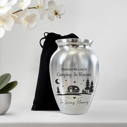 Forest Camping Memorial Mini Urn, Stainless Steel Small Keepsake Urn for Human Ashes, Engraved Campfire Design, 2.56" Funeral Remembrance Vessel for Camper & Nature Lovers