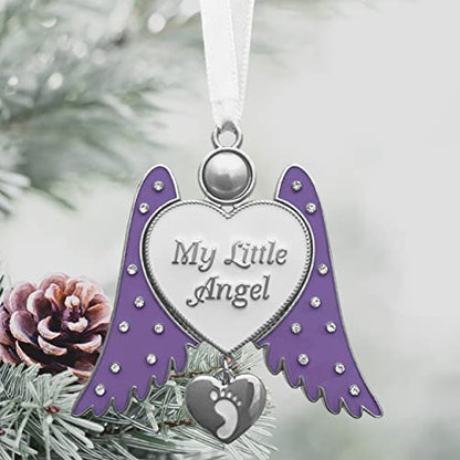 Baby Angel Christmas Ornament, Jeweled with Hanging Footprint Heart Charm, My Little Angel Memorial Ornament, Purple Wing Angel Keepsake for Baby Loss, Pregnancy Loss, Infant Remembrance, 2.5"