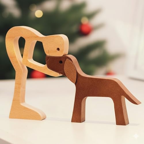 DOPTIKA Wooden Man and Dogs Figurines Home Decor, Wood Pet Carving Gifts for Men, Dog Statue for Bedroom Office Bookshelf Decor, Wooden Dog Memorial Gifts for Loss of Dogs