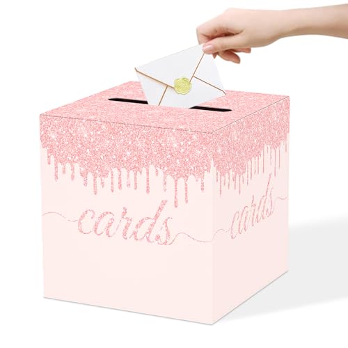 Pink Card Box for Party, 8.7" Gift Cards Receiving Box Holder for Wedding, Bridal Shower, Graduation, Birthday, Retirement, Baby Shower, Anniversaries Party Decorations - color: Pink and Rose